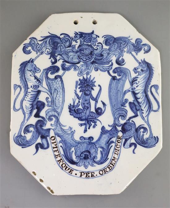 A London or Wincanton octagonal delftware pill slab, mid 18th century 30cm x 24cm